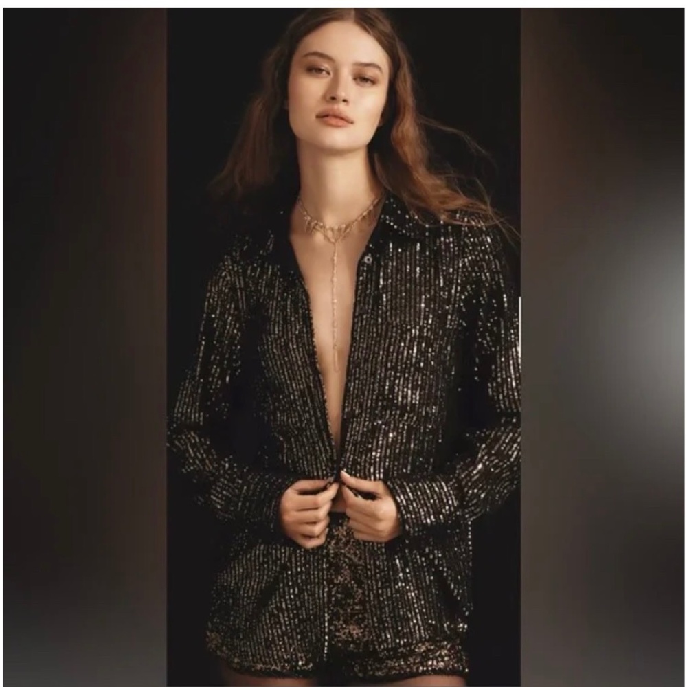 NWT Anthropologie The Remie Holiday Sequin Button down, L Black and Gold